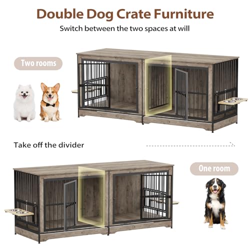 75'' Double Dog Crate Furniture with Double Door Grey P8357