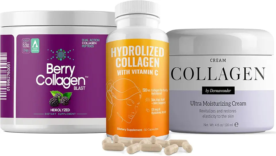 Berry Collagen Powder, Hydrolyzed Collagen Capsules & Face Cream 3-in-1 Set W24380