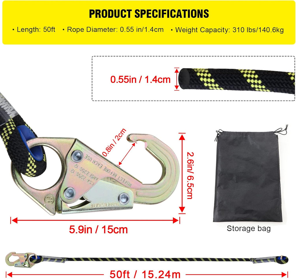 50 ft Vertical Lifeline Rope Assembly with Rope Grab Snap Hooks P8987