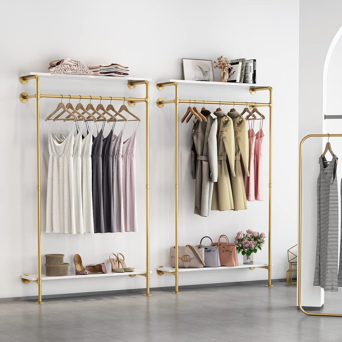 Industrial Pipe Clothing Rack with 2-tier Wooden Shelves Gold R6289