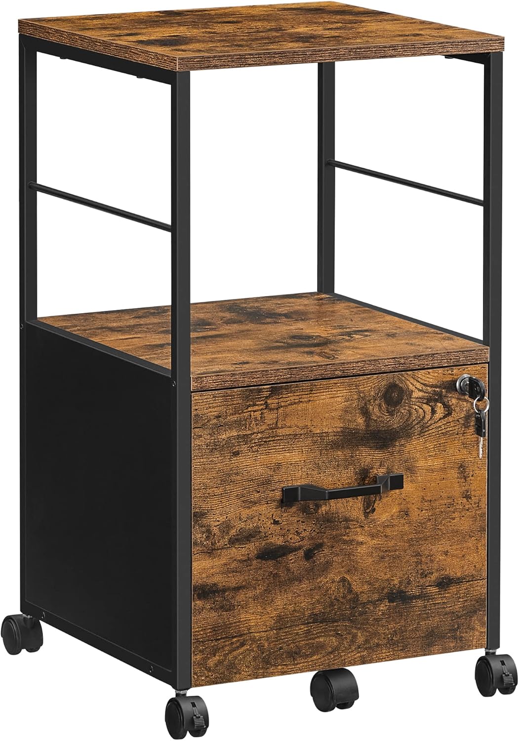 Rustic Brown and Black Rolling File Cabinet with Drawer and Lock Y299189