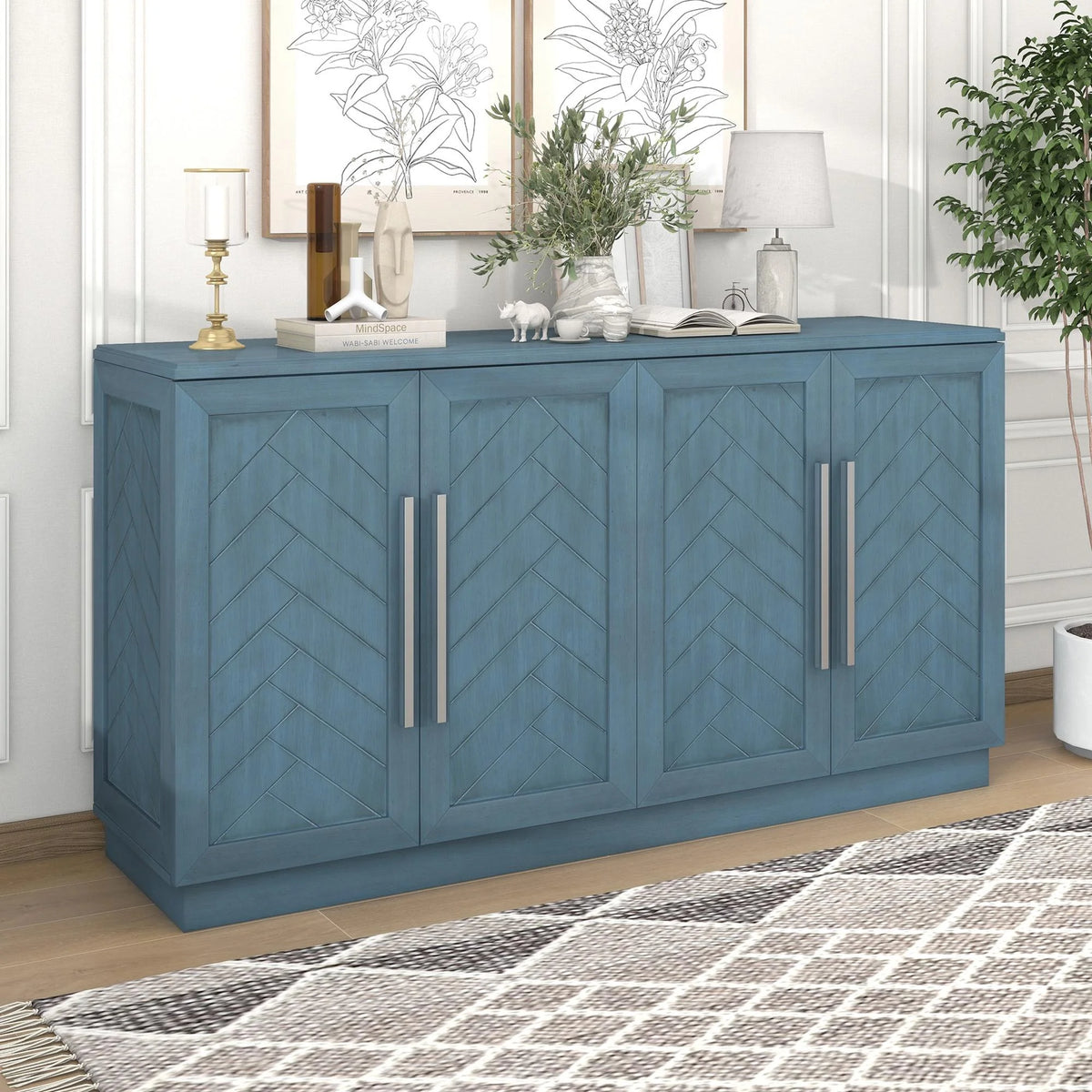 Blue 4 Door Wood Buffet Cabinet with Adjustable Shelves C460