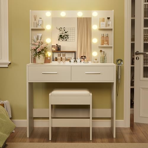 White Vanity Desk with Mirror and Bench N189761