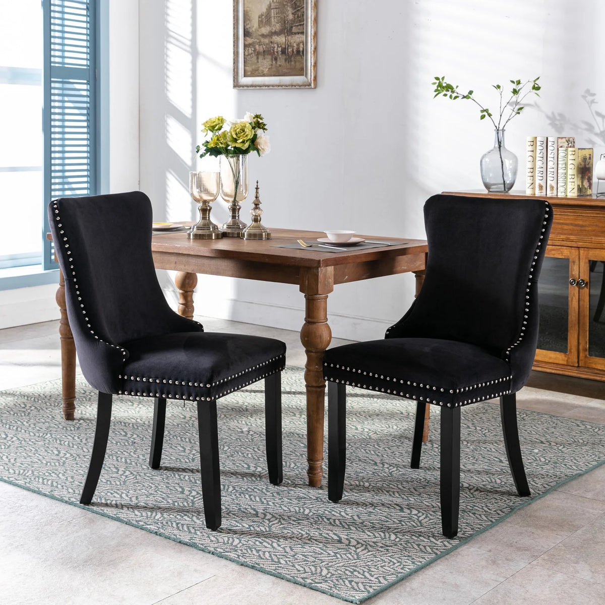 Black Velvet Upholstered Dining Chairs Set of 2 Solid Wood Wing Back Accent Chairs H29852