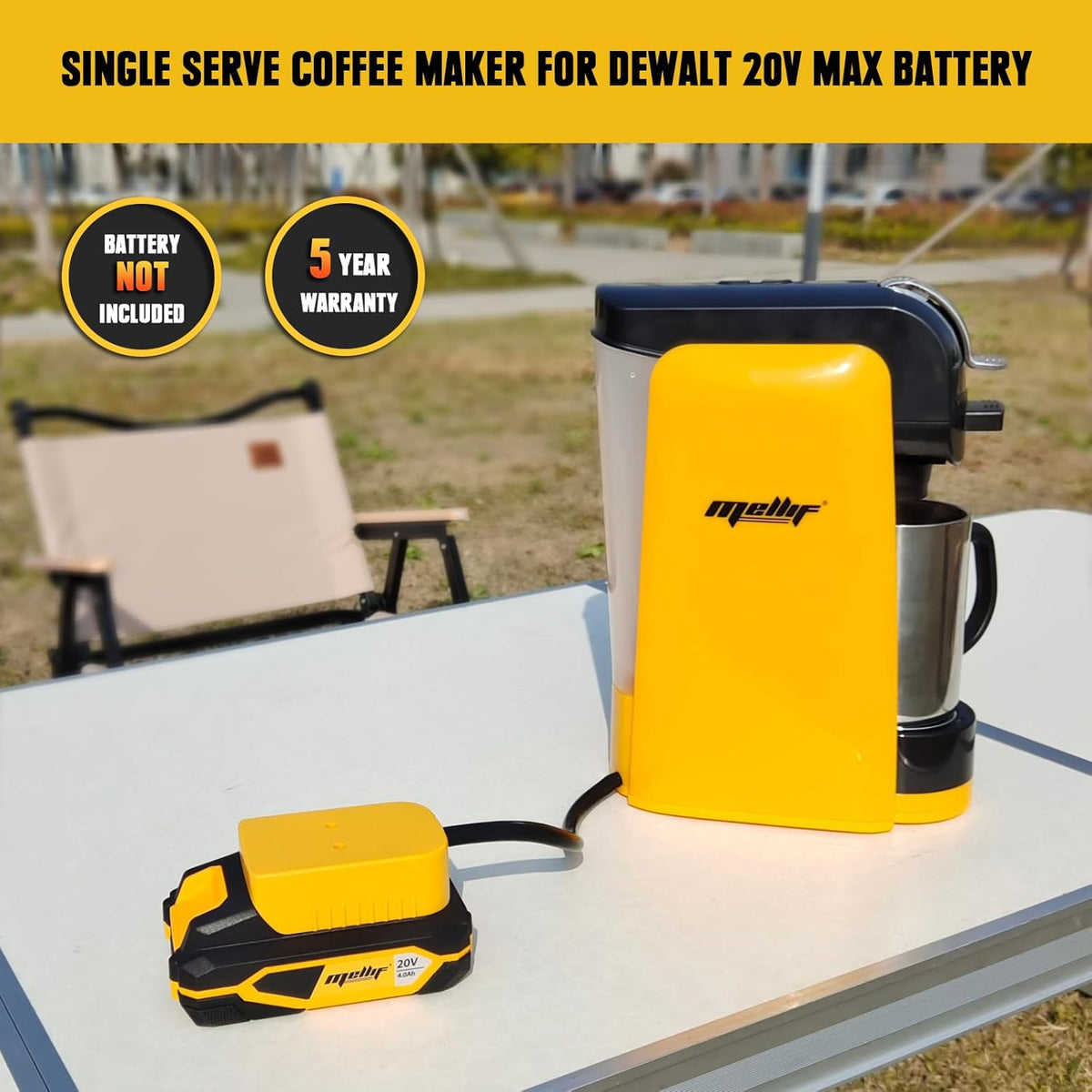 Cordless Coffee Maker for Dewalt 20V Max Battery, Portable Single-Serve Brewer for K-Cup Pods and Ground Coffee E9093