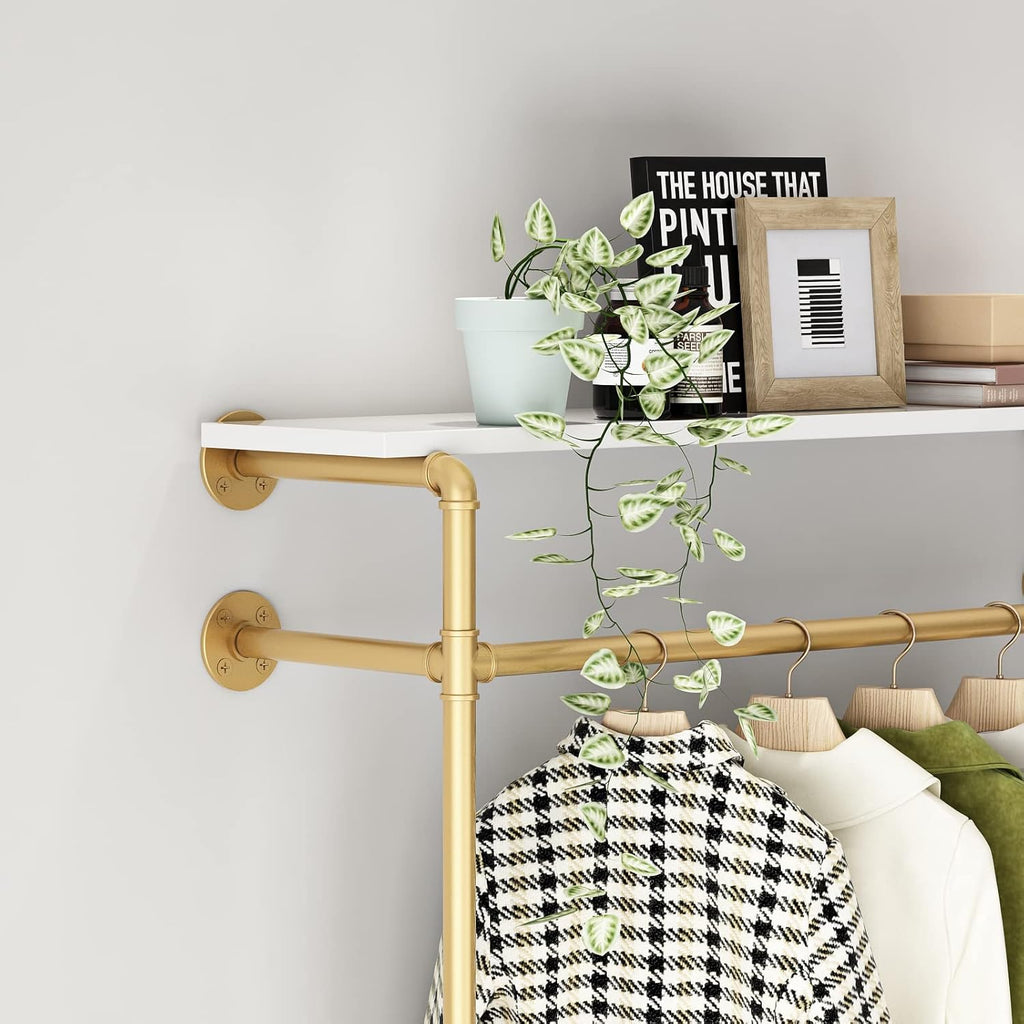 Industrial Pipe Clothing Rack with 2-tier Wooden Shelves Gold R6289
