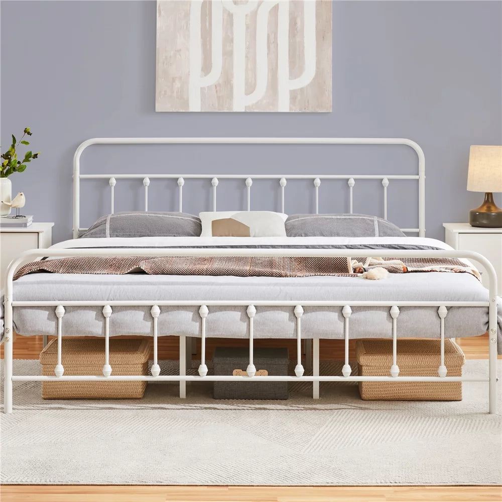 White California King Iron Platform Bed with Headboard and Footboard E412