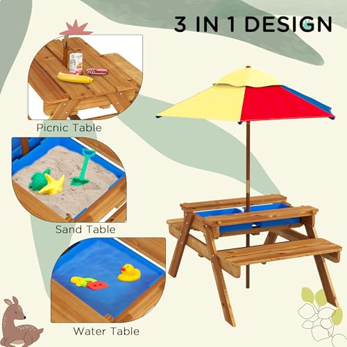 Kids Picnic Table with Foldable Umbrella, 3 in 1 Sand and Water Activity Table C32186