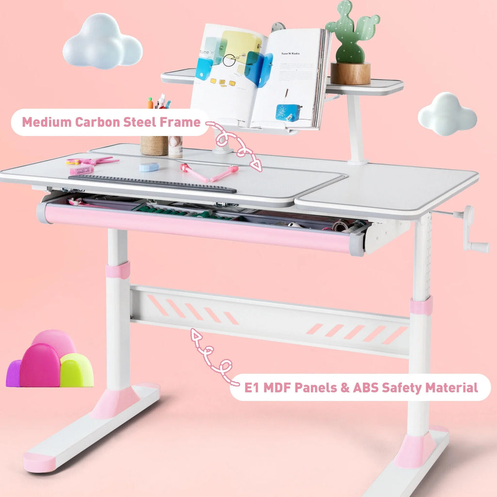 Pink Kids Study Desk and Chair Set with Writing Board, Drawer, Bookstand Y9929