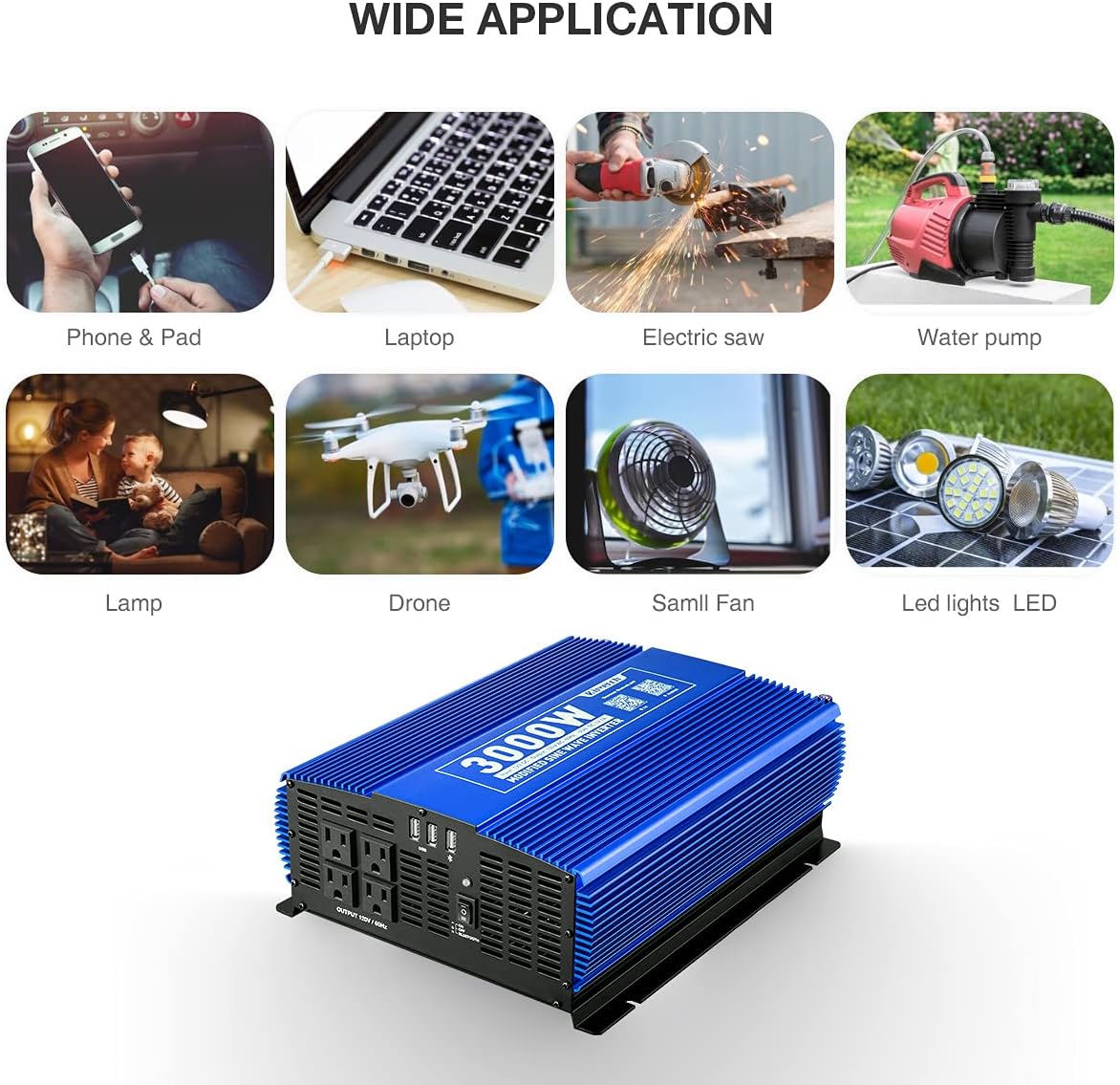 3000W Power Inverter DC12V to 110V AC Car Inverter with 4AC Outlets 2USB Port Y232706