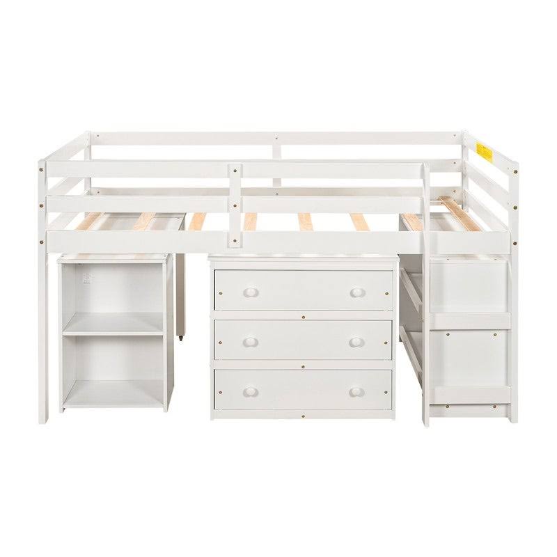 White Twin Loft Bed with Cabinet and Rolling Desk P2388