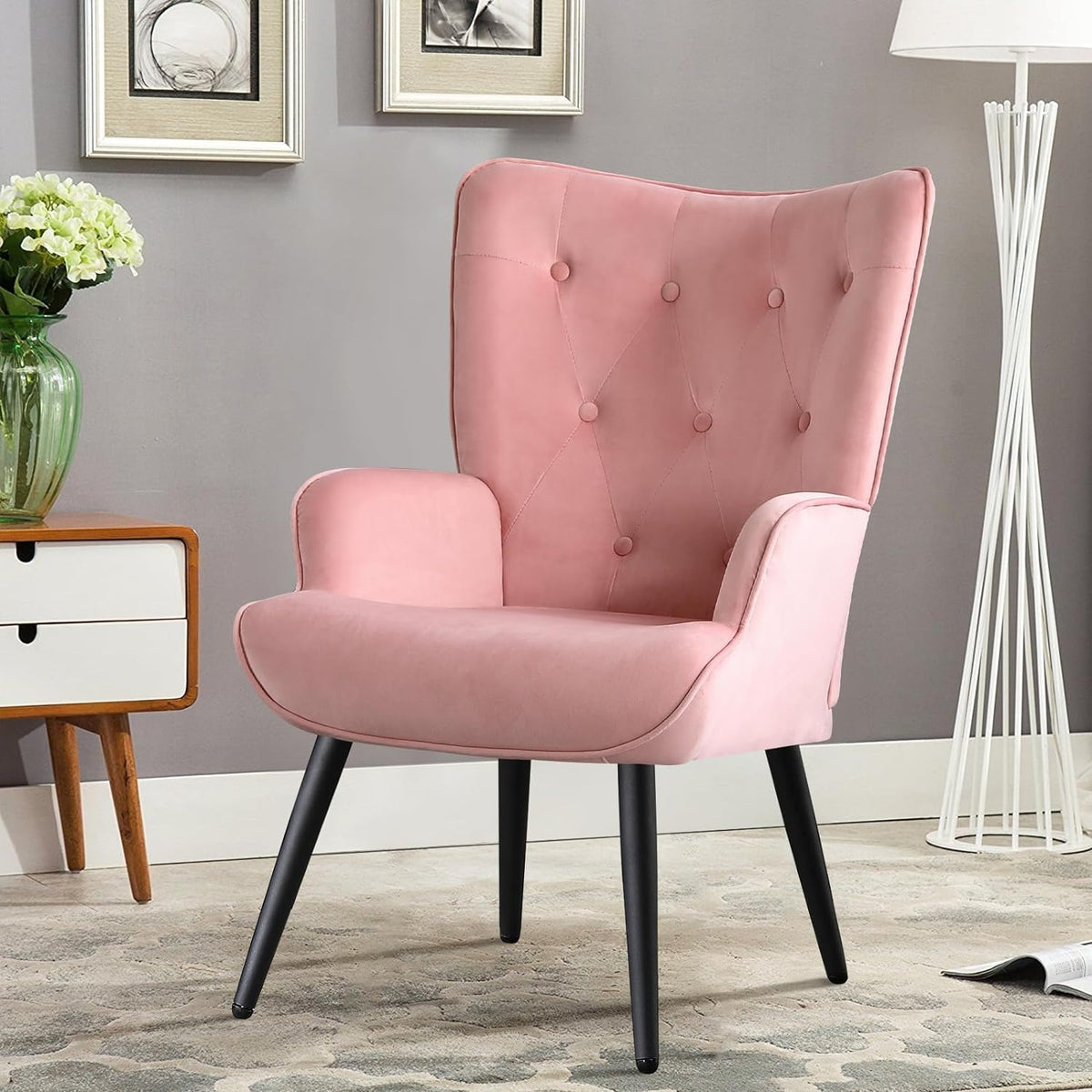 Pink Velvet Tufted Wingback Accent Chair with Solid Metal Legs C27719