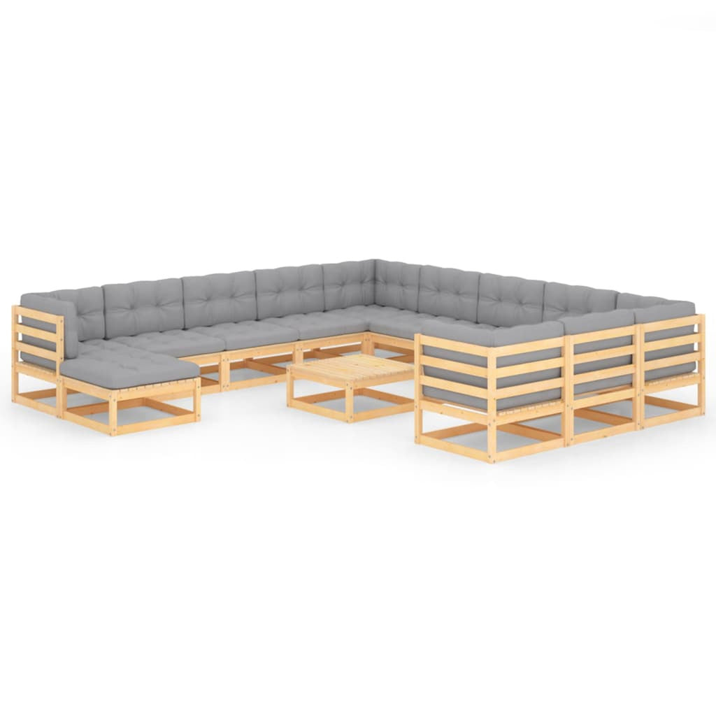 13 Piece Gray Cushioned Pinewood Sectional Outdoor Furniture Set W6937