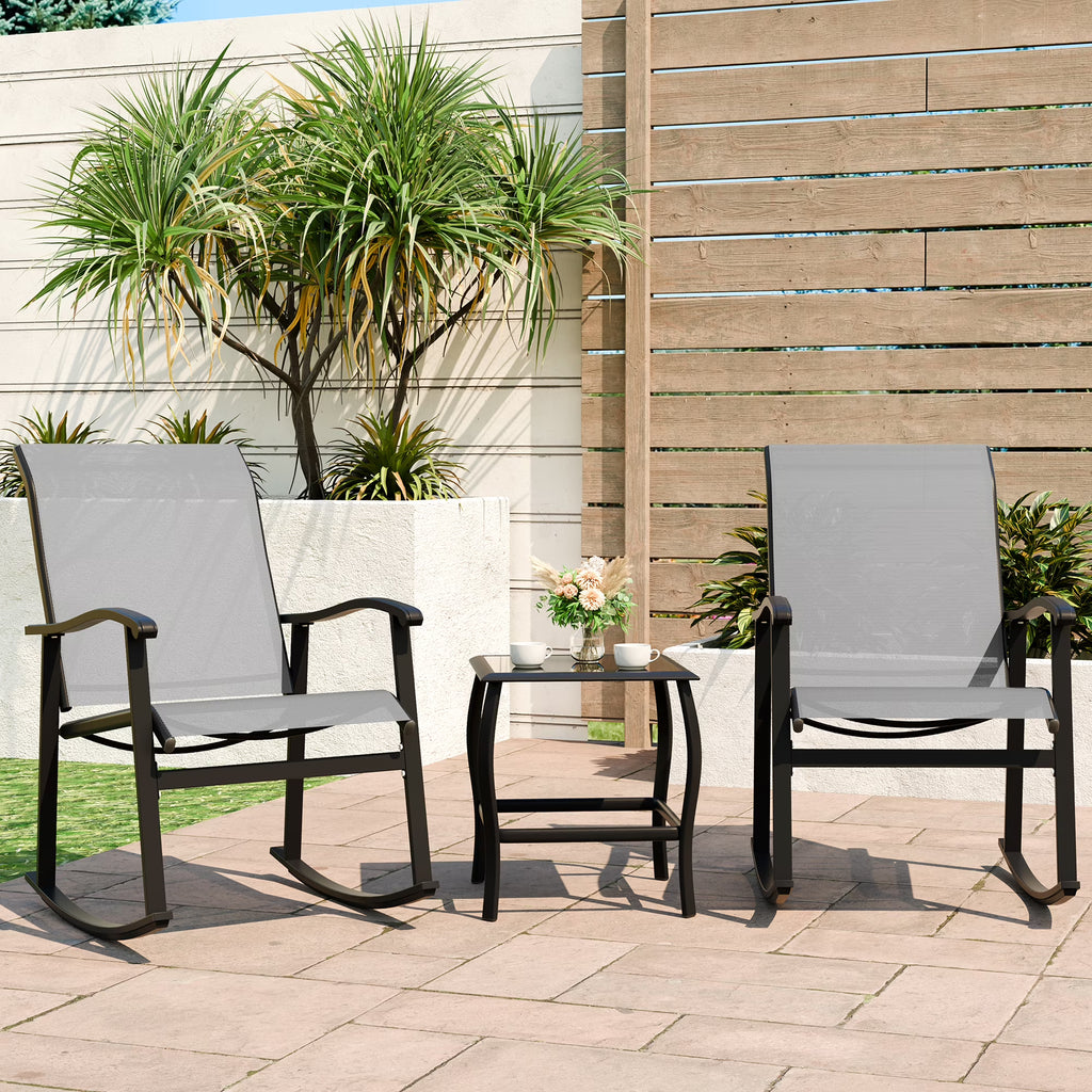 3 Piece Rocking Bistro Set with Glass Coffee Table Light Gray R20175