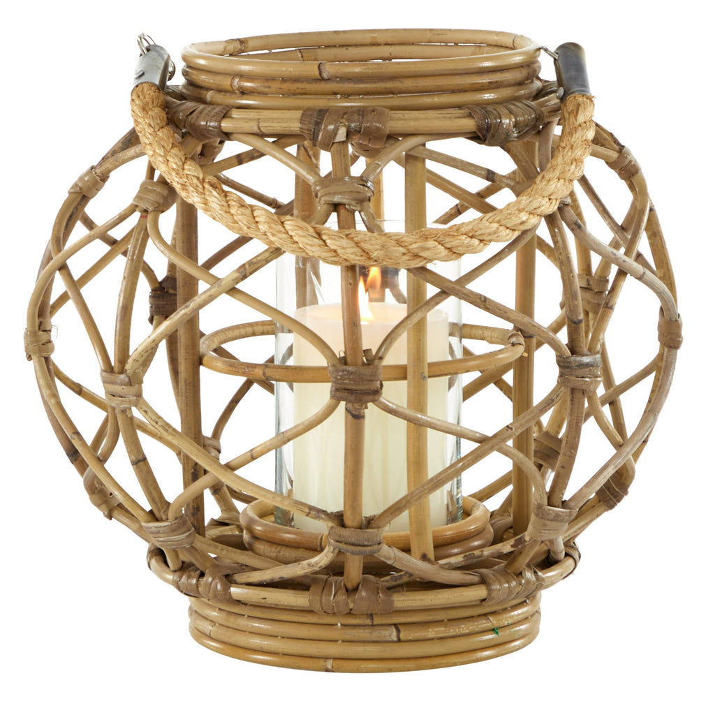 Round Brown Woven Rattan Lantern Candle with Glass Insert U554