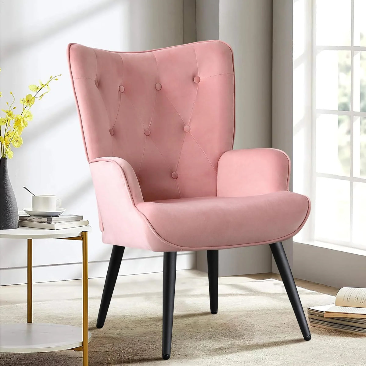 Pink Velvet Tufted Wingback Accent Chair with Solid Metal Legs C27719