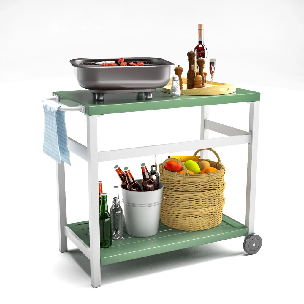 Outdoor Dining Cart Table Aluminum Grill Table with Wheels H46446