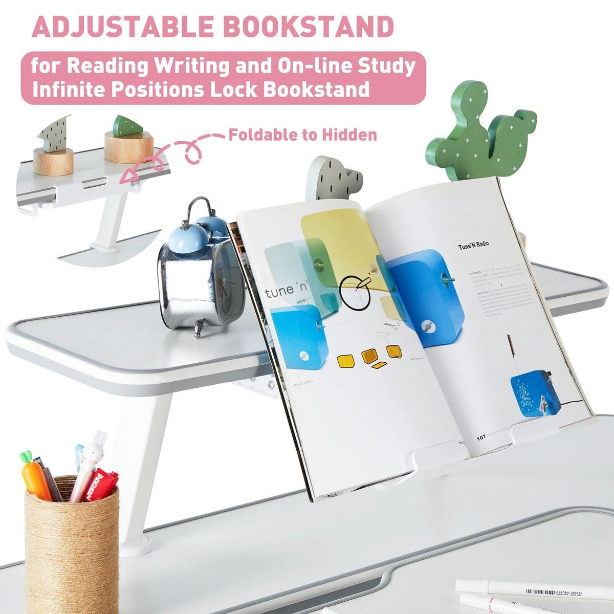 Pink Kids Study Desk and Chair Set with Writing Board, Drawer, Bookstand Y9929