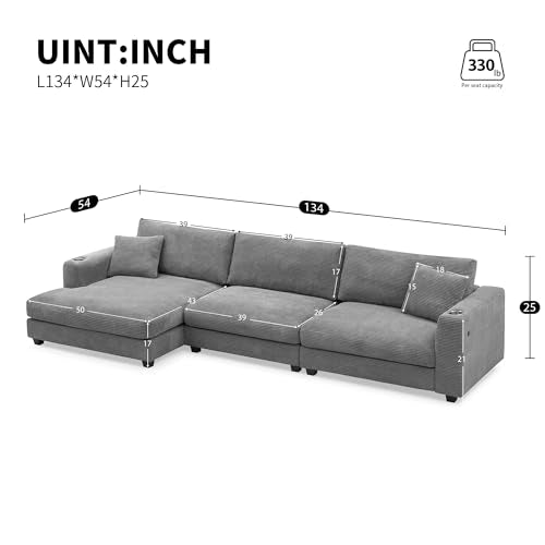 Beige Oversized Corduroy L Shaped Sectional Sofa with Chaise S5425
