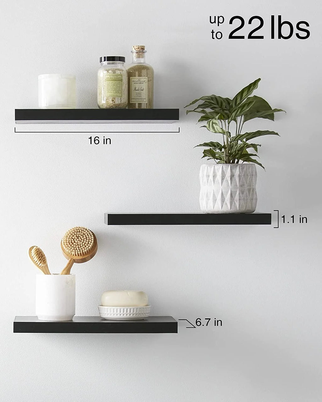 16 inch Black Wood Floating Shelves Set of 3 G2749