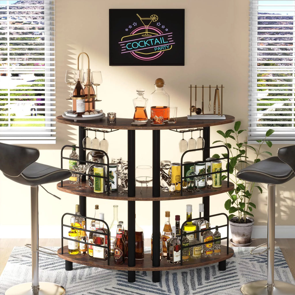 Rustic Brown 3 Tier Wine Bar Cabinet with Storage Shelves Z33553