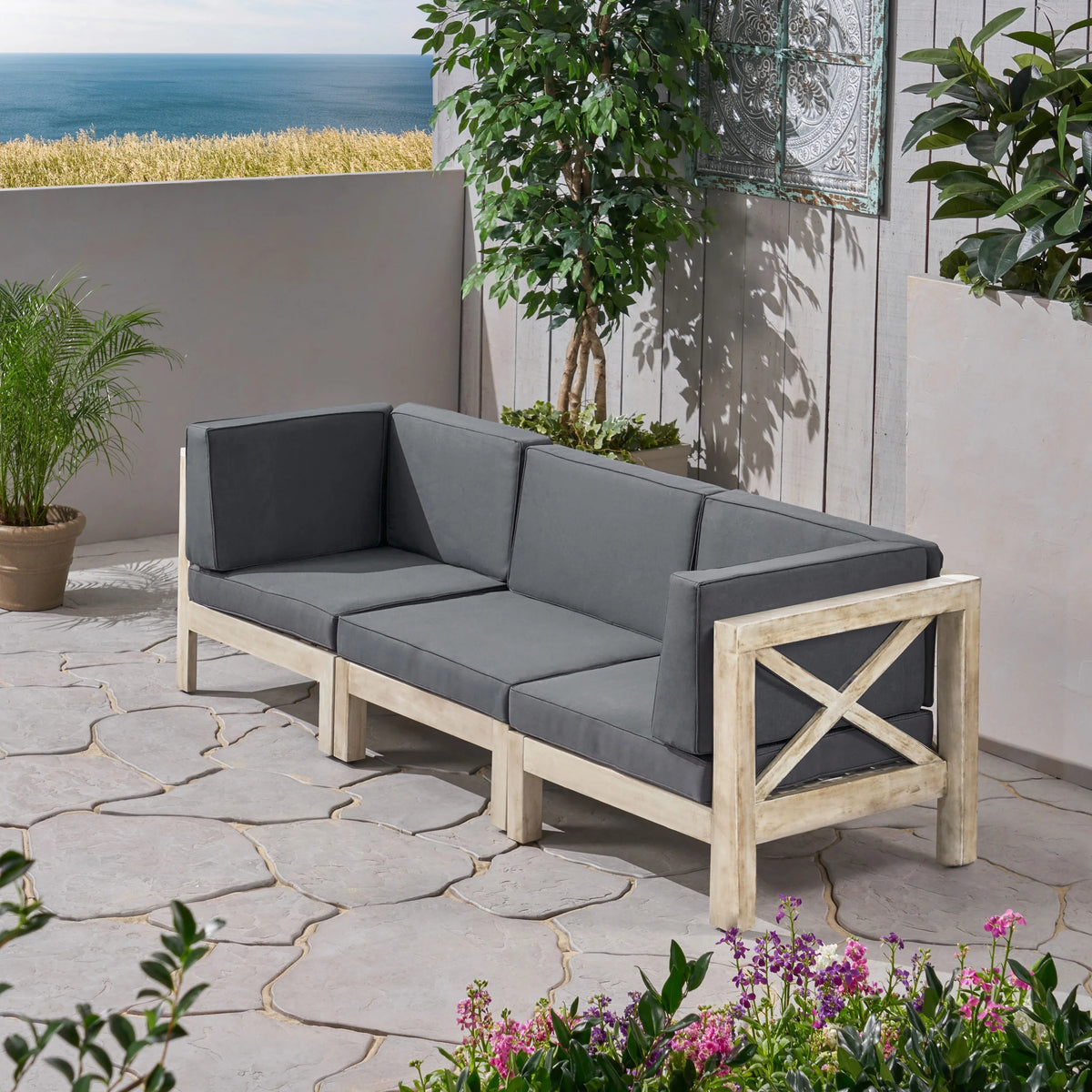 Weathered Gray and Dark Gray Acacia Wood Outdoor Modular Sofa with Cushions W301