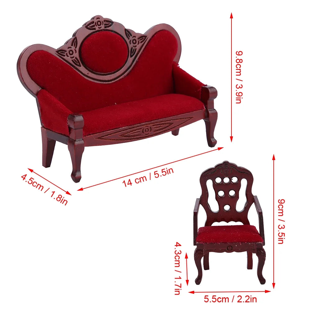 Red Wooden Dollhouse Sofa Chair Set S147