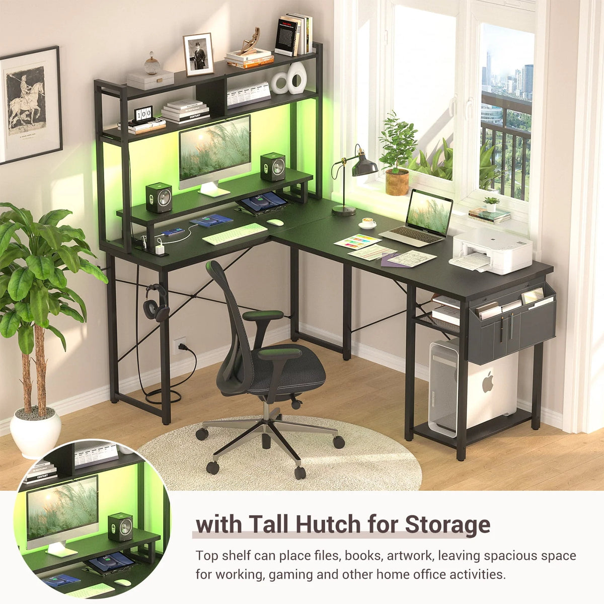 L Shaped Computer Desk with Power Outlets & LED Lights Y340397