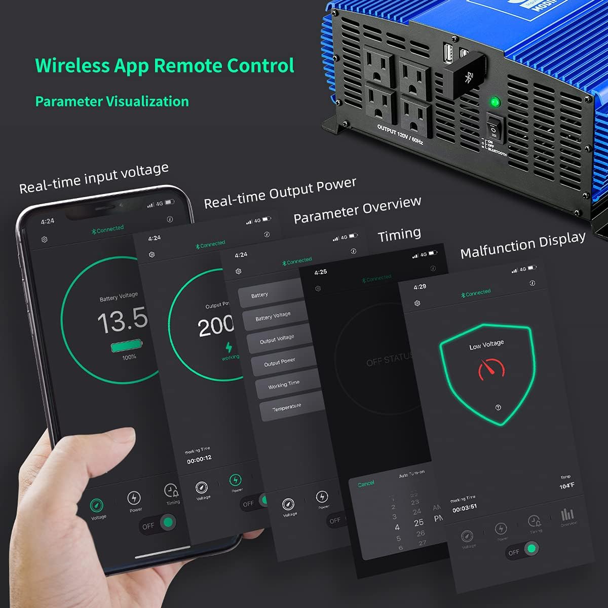 3000W Power Inverter DC12V to 110V AC Car Inverter with 4AC Outlets 2USB Port Y232706