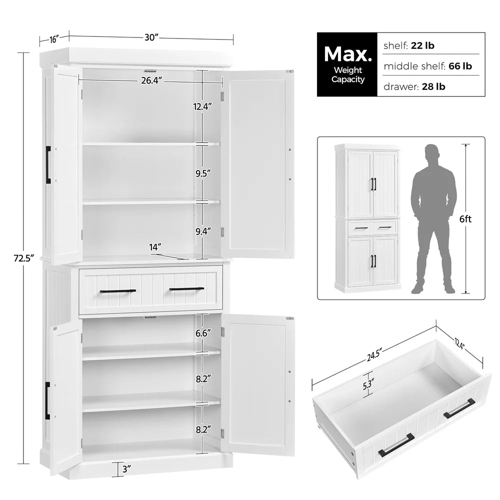 White Kitchen Pantry Cabinet with Doors and Adjustable Shelves X190629