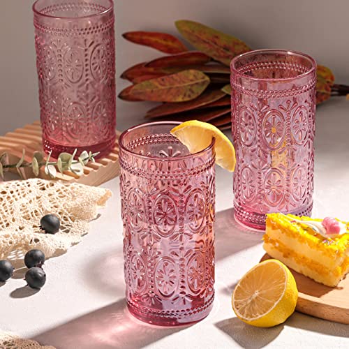 6 Pack Pink 12oz Highball Embossed Beverage Glass Cup G420