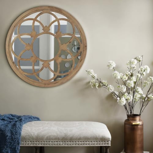 Rustic 30" Round Wall Mirror Wood Frame P45611
