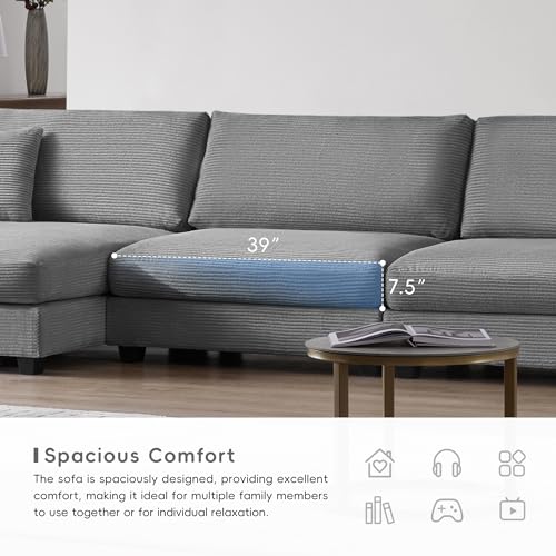 Beige Oversized Corduroy L Shaped Sectional Sofa with Chaise S5425