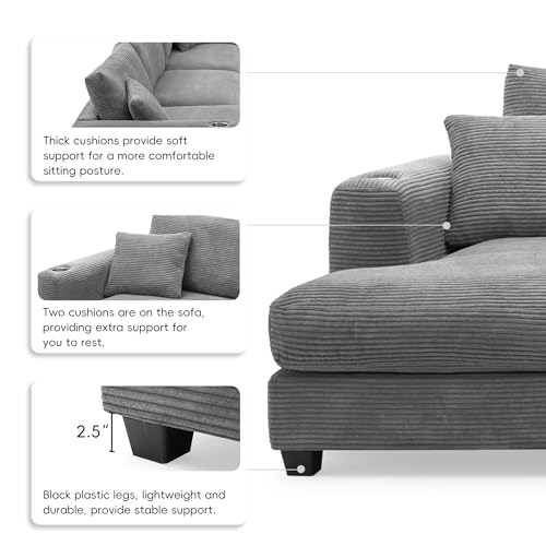 Beige Oversized Corduroy L Shaped Sectional Sofa with Chaise S5425