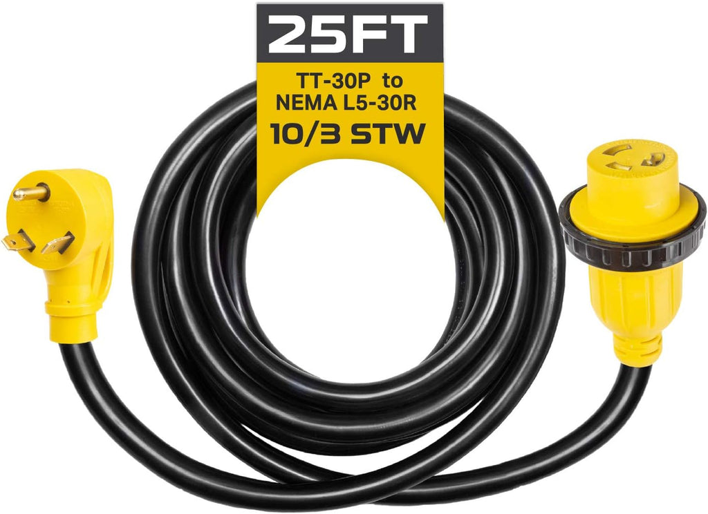 30 Amp RV Extension Cord 25 Ft 10/3 STW TT-30P to NEMA L5-30R 125v Power Cord Q69519