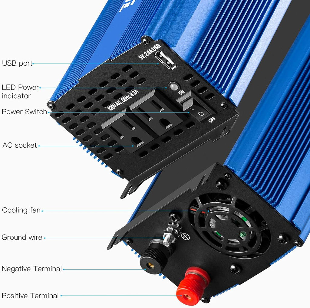 3000W Power Inverter DC12V to 110V AC Car Inverter with 4AC Outlets 2USB Port Y232706