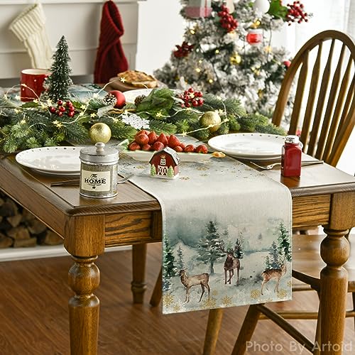 Watercolor Deer Trees Snowflakes Christmas Table Runner 13 x 72 Inch V99051