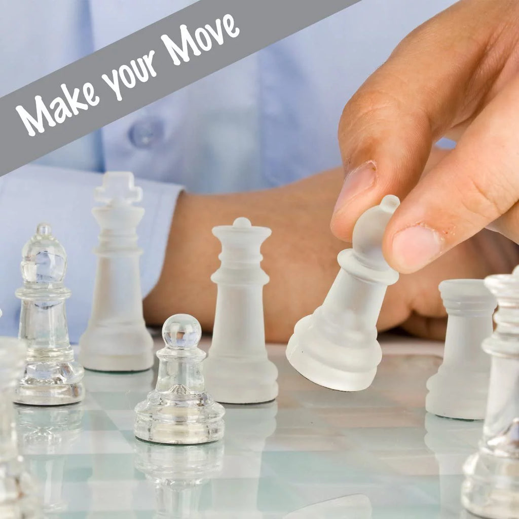 12 inch Glass Chess Set with 32 Frosted Clear Pieces U86479