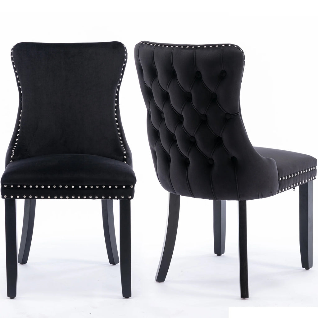 Black Velvet Upholstered Dining Chairs Set of 2 Solid Wood Wing Back Accent Chairs H29852