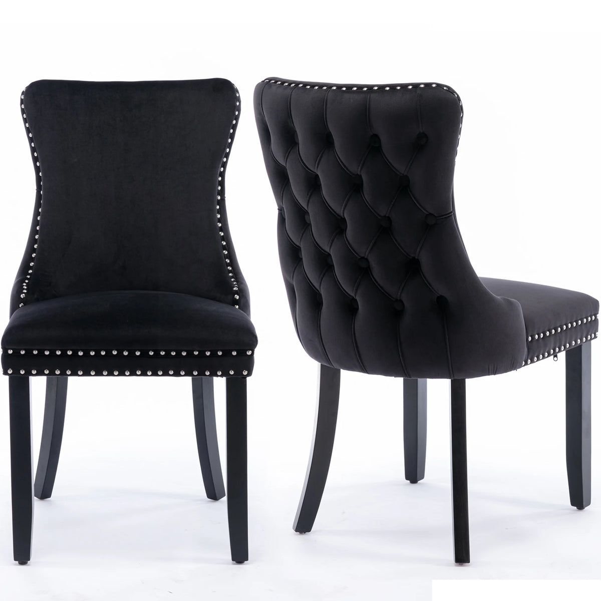 Black Velvet Upholstered Dining Chairs Set of 2 Solid Wood Wing Back Accent Chairs H29852