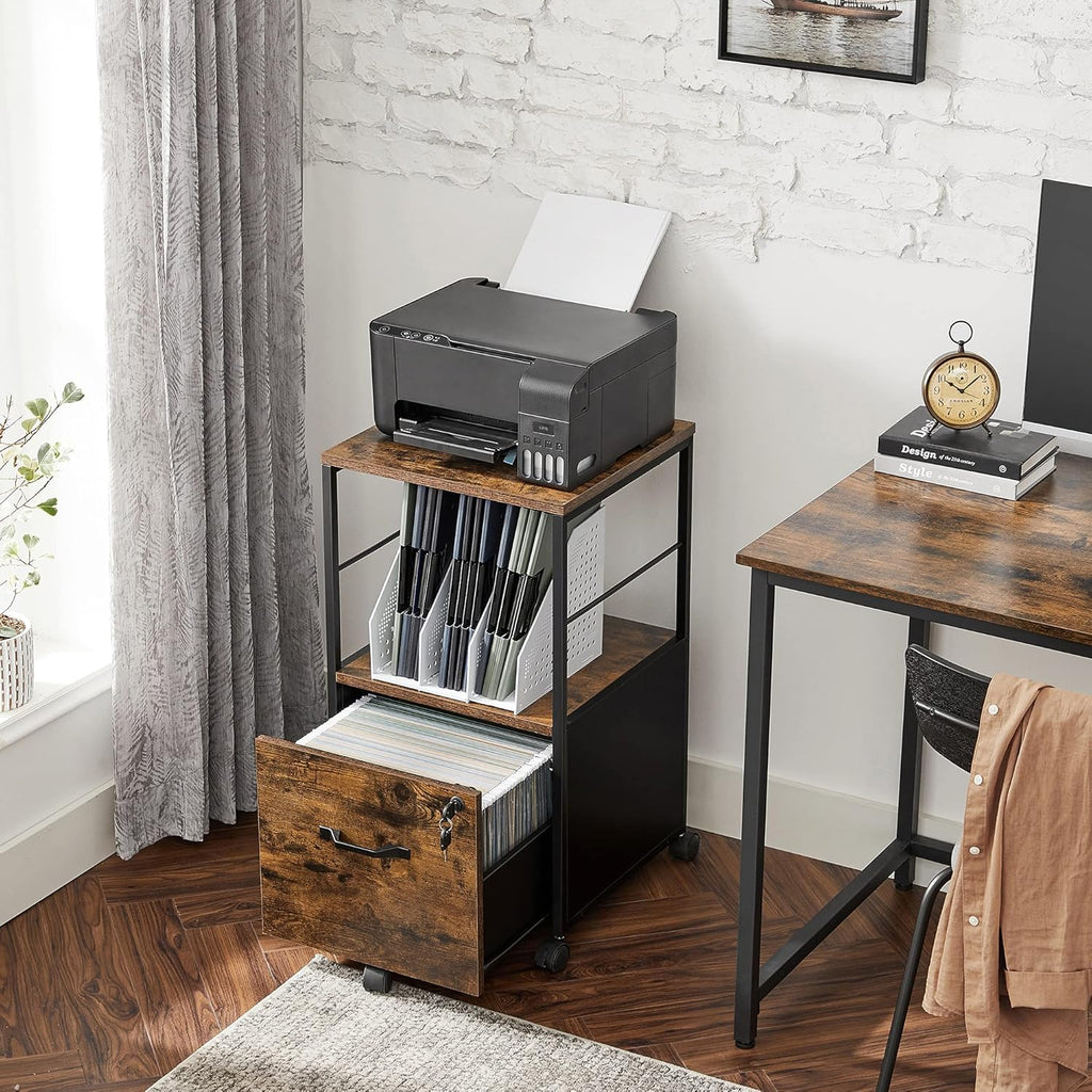 Rustic Brown and Black Rolling File Cabinet with Drawer and Lock Y299189