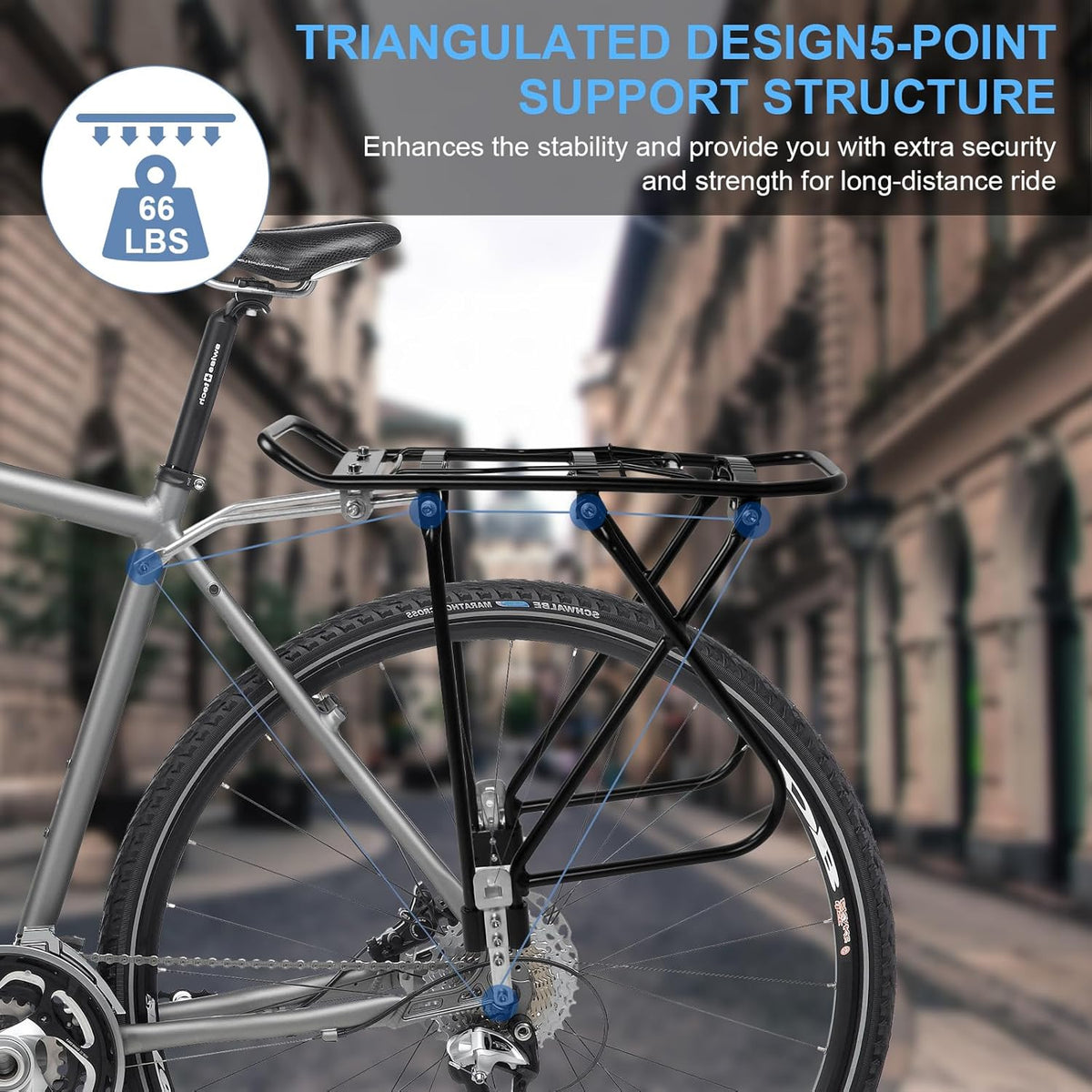 Rear Bicycle Rack with Luggage Clip & Cargo Net, Height Adjustable, 66lbs Capacity U857151
