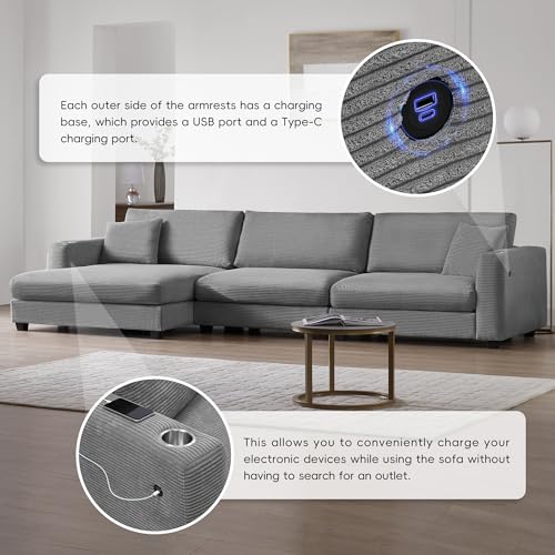 Beige Oversized Corduroy L Shaped Sectional Sofa with Chaise S5425