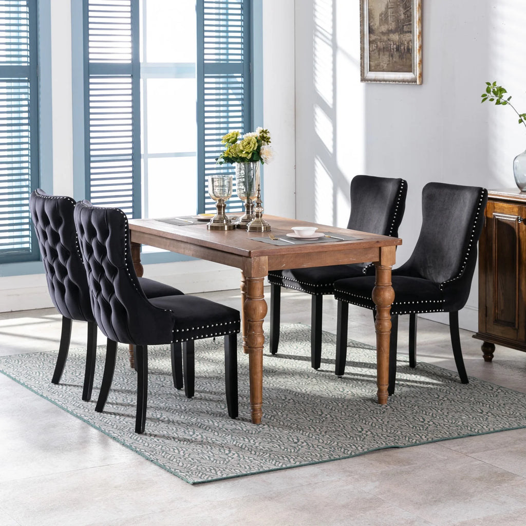 Black Velvet Upholstered Dining Chairs Set of 2 Solid Wood Wing Back Accent Chairs H29852