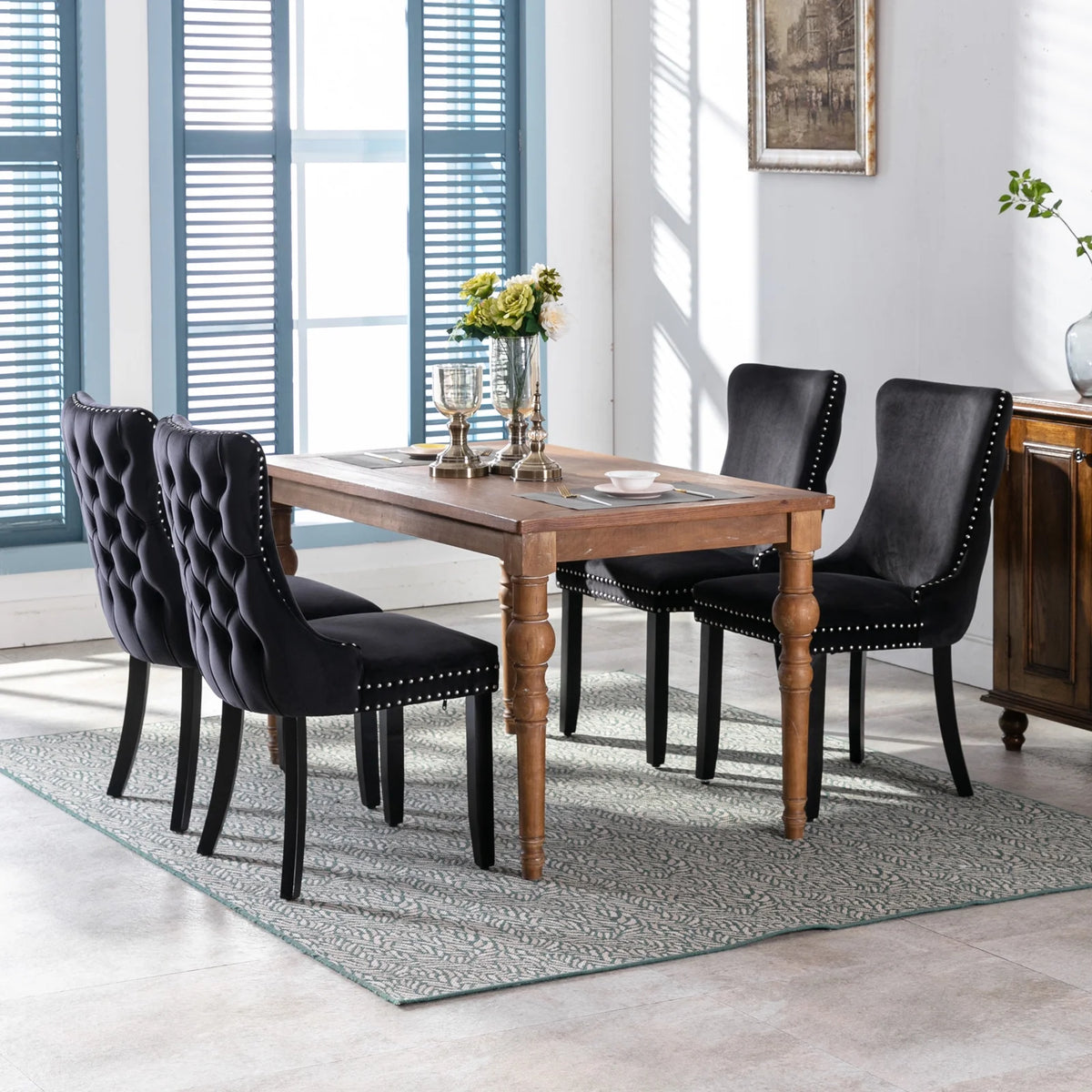 Black Velvet Upholstered Dining Chairs Set of 2 Solid Wood Wing Back Accent Chairs H29852