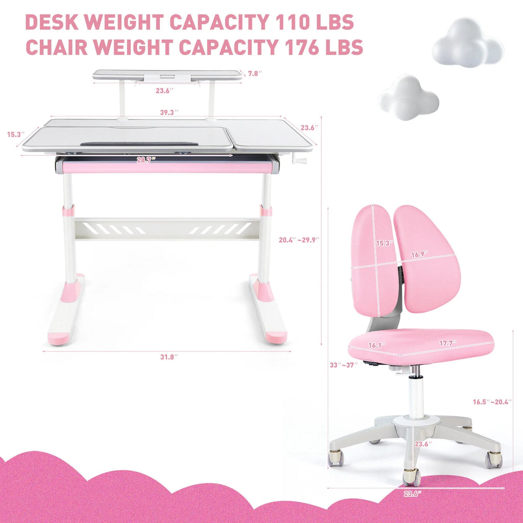 Pink Kids Study Desk and Chair Set with Writing Board, Drawer, Bookstand Y9929