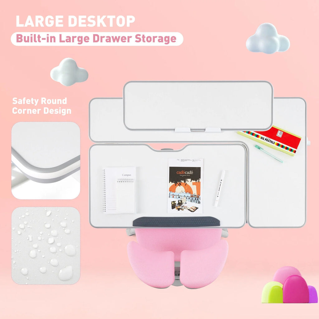 Pink Kids Study Desk and Chair Set with Writing Board, Drawer, Bookstand Y9929