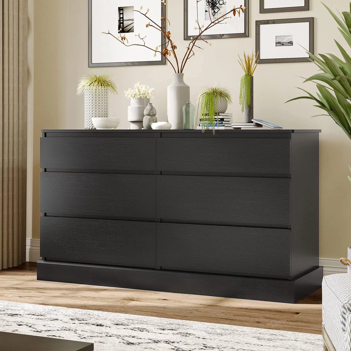 Black 6 Drawer Wooden Dresser W322