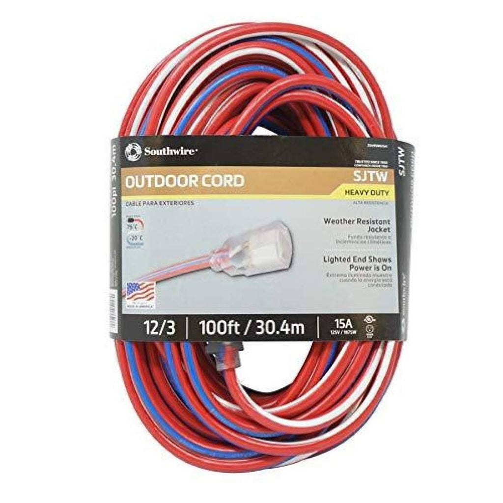 Red White and Blue 100-Feet 12/3 Extension Cord with Lighted End O9905