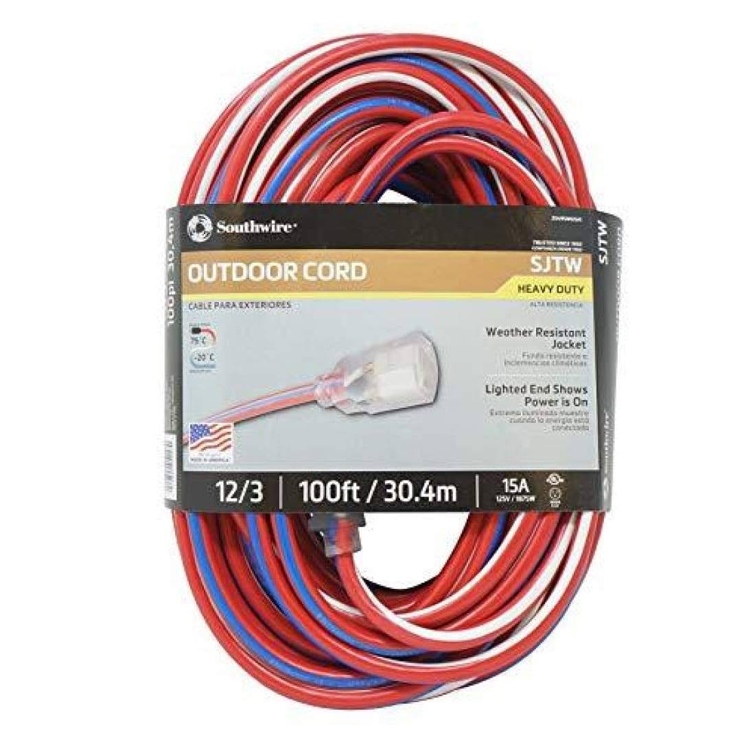 Red White and Blue 100-Feet 12/3 Extension Cord with Lighted End O9905